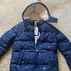 MiniBoden girls navy blue with gold polka dot jacket, size 9-10, gently worn